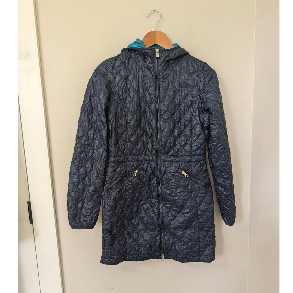 The North Face ThermoBall Quilted Parka Jacket Blue Teal Women S Midi Hooded